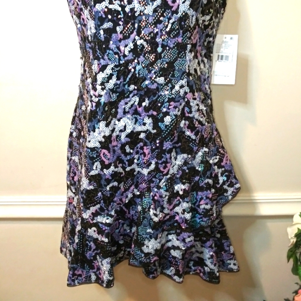 Aidan By Aidan Mattox Halter Neck Style Blue/Multi Sequin Covered Cocktail Dress - Picture 3 of 14